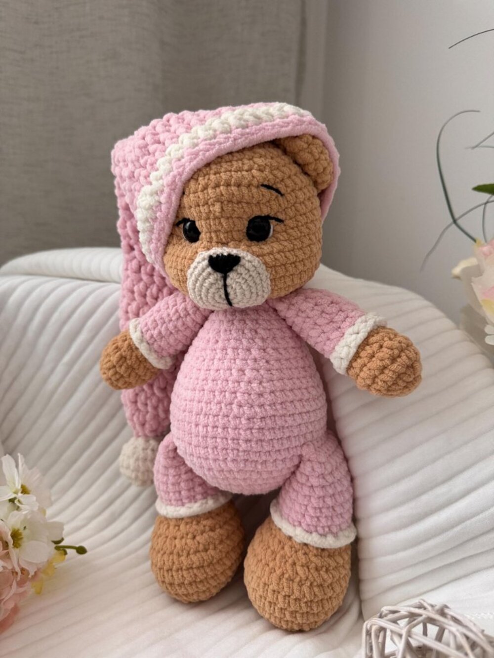 Handmade Crochet Teddy Bear, Sleepy Pajama Plush Toy, Amigurumi Brown Bear - Picture 4 of 7